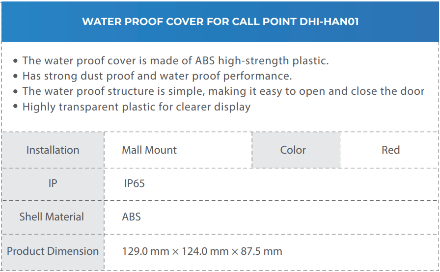 Water Proof Cover for Call Point Dahua Spesifikasi